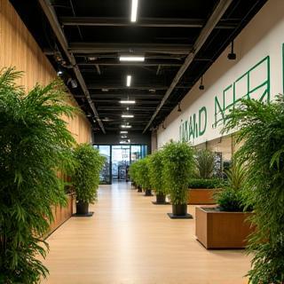 Sustainable gym facility interior with plant accents and energy-efficient lighting.